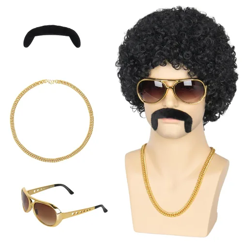 Vista 8 de Peluca de discoteca de los años 80 para hombre, peluca negra afro esponjosa con collar, bigote y lentes para cosplay de punk rock, juego de Halloween