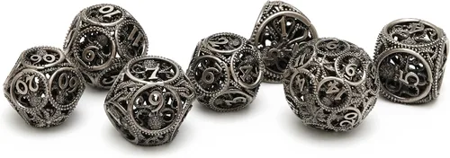 Vista 6 de Dados DND, dados de metal huecos D&D, juego de dados de mazmorras y dragones con caja de regalo, 7 piezas de juegos de dados poliédricos steampunk