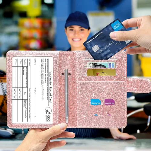 Vista 6 de MCmolis Estuche para pasaporte y tarjeta de vacunación Combo - Funda de cuero para documentos de viaje, protector con hebilla magnética, Escarcha