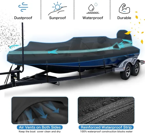 Vista 4 de Funda impermeable de poliuretano 1200D resistente para lancha, lona de poliéster de grado marino, para casco en V de 14 a 16 pies, lancha de pesca
