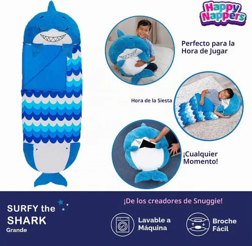 Vista 2 de Happy Nappers - Almohada 2 en 1 y saco de dormir, tiburón azul, 66 x 30 pulgadas, tamaño grande Cozy 66 x 30 Inch Sleepy Sack for Kids Aged 3+.