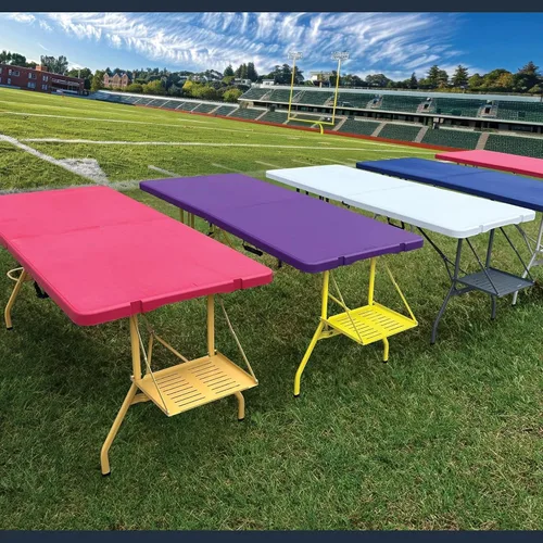 Vista 7 de Mesa y sillas plegables creativas para exteriores, 6 pies, ruedas integradas, plástico duradero portátil (morado y amarillo)