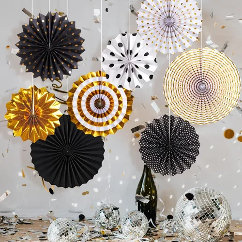 Vista 4 de SUNBEAUTY Abanicos de papel dorados y negros para fondo de fiesta de té, boda, primavera, cumpleaños, aula, baby shower, Halloween, decoración