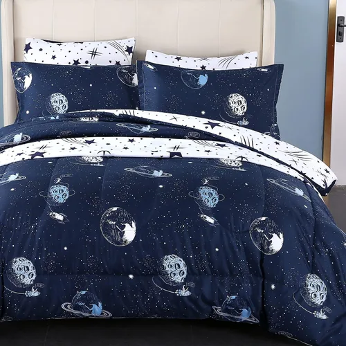 Vista 4 de Mengersi Juego de edredón de galaxia para cama Queen – 7 piezas de cama reversible con espacio de estrellas en una bolsa, juego de ropa de cama