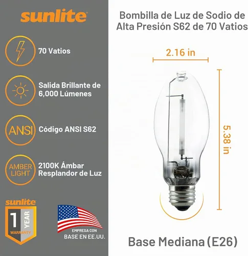 Vista 2 de Sunlite 03610 LU70/MED - Bombilla de sodio de alta presión, 70 vatios, ED17/MED, base media (E26), código ANSI S62, 6000 lúmenes, 24000 horas