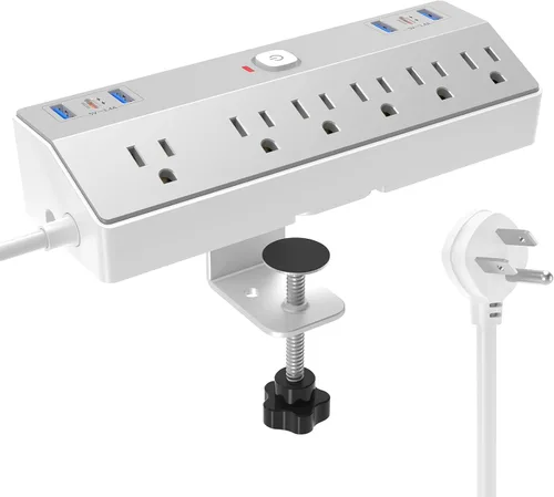 Vista 9 de JXGUCAT - Regleta de alimentación con abrazadera de escritorio con estación de carga rápida de 40 W, enchufe plano de 10 pies, protector contra