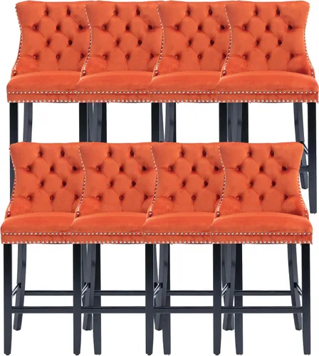 Vista 20 de Taburetes de bar tapizados de terciopelo modernos de 27 pulgadas con patas de madera, botón con cabeza de clavo cromada, taburetes de bar con Beige