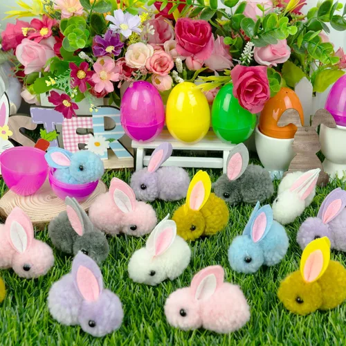Vista 3 de Paquete de 24 juguetes de peluche rellenos de huevos de Pascua, coloridos rellenos de huevos de Pascua a granel para niños, adolescentes, niños