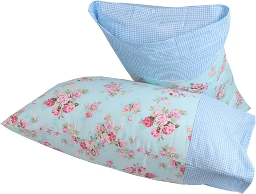 Vista 4 de Paquete de 2 fundas de almohada de algodón para cabello y piel, diseño a cuadros azules y estampado floral, tamaño Queen, súper suaves y acogedoras 3