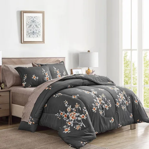 Vista 9 de Juego de edredón de 7 piezas tamaño Queen, diseño floral beige, de microfibra suave, para todas las estaciones