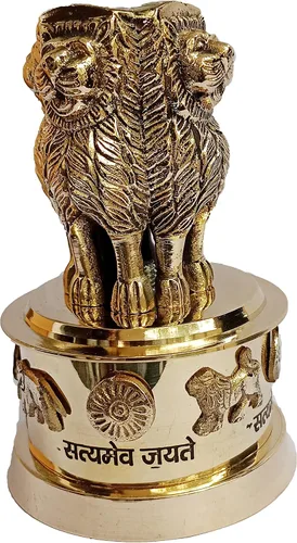 Vista 6 de PARIJAT HANDICRAFT Columna de estambh de latón Ashoka emblema de bandera nacional de cuatro leones satyamev jayete adornado escritorio papel