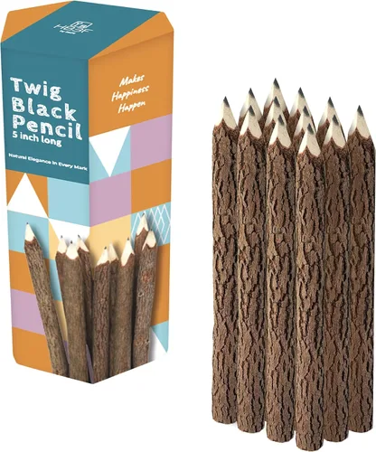 Vista 10 de BSIRI Paquete de 12 lápices de madera negra de 3 pulgadas con diseño de corteza de árbol en lápices de ramitas rústicas de madera, regalos únicos