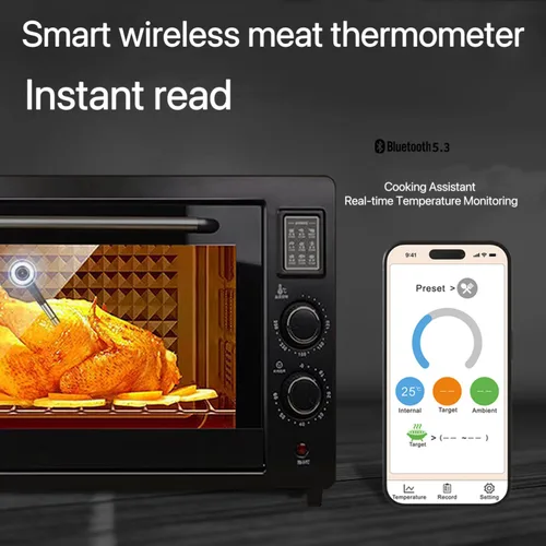 Vista 5 de Termómetro inalámbrico Bluetooth para carne, rango de 820 pies, pantalla digital VA HD, lectura instantánea, sonda impermeable para parrilla, horno