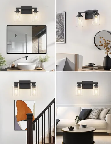 Vista 2 de L LOHAS LED Lámparas de baño negras de 2 luces, accesorios de iluminación modernos sobre espejo con pantalla de vidrio transparente, luces