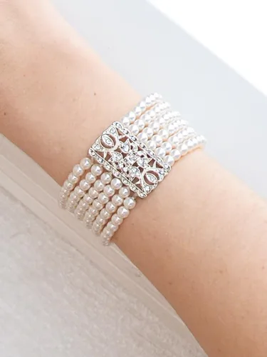 Vista 4 de Mariell Pulsera elástica de perlas de marfil y cristal, tamaño mediano de 6 a 7 pulgadas, se adapta a la mayoría de muñecas, perlas de imitación