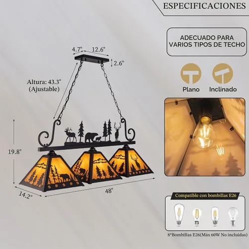 Vista 5 de TOCHIC Tiffany - Lámpara de mesa de billar, 3 luces vintage para comedor, cocina, isla de cocina, lámpara de mesa rústica para sala de juegos, sala