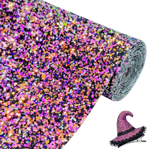 Vista 12 de Rollo de tela negra brillante con purpurina gruesa plateada, 12 x 52 pulgadas, color mixto brillante, invierno, Halloween, piel sintética