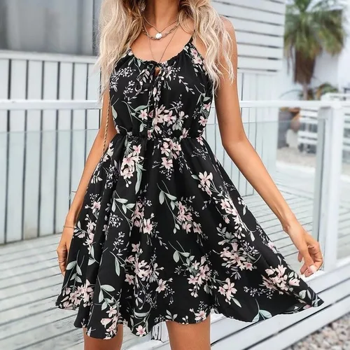 Vista 2 de Floral Cuello Redondo Sin Mangas Impresión Poliéster Sobre La Rodilla Vestido De Princesa