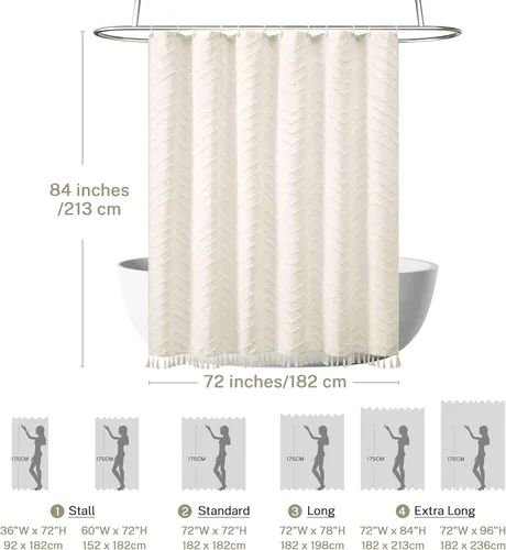 Vista 210 de Cortina de ducha Siiluminisoy de 36x72 beige, cortina de ducha de tela de tamaño pequeño, cortinas de ducha de tela con tufting, diseño chevron a