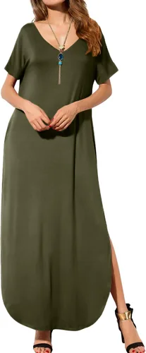 Vista 4 de GRECERELLE - Vestido largo para mujer, holgado, con bolsillos, manga corta y abertura lateral, estilo informal Verde militar