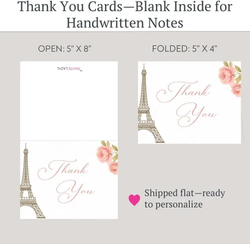 Vista 6 de Merci Thank You Cards - Notas de la Torre Eiffel, notas temáticas francesas con sobres (24 unidades) Merci Thank You Notes With Eiffel Tower For