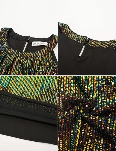 Vista 4 de GRACE KARIN Camiseta sin mangas con cuello halter de lentejuelas para mujer, camisola elegante y brillante, para fiesta, club, cóctel, chaleco
