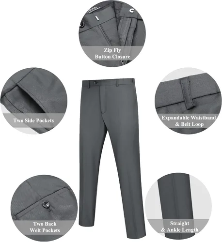 Vista 6 de COOFANDY Pantalones de vestir de ajuste clásico para hombre, pantalones formales rectos con frente plano, sin arrugas, cintura expandible