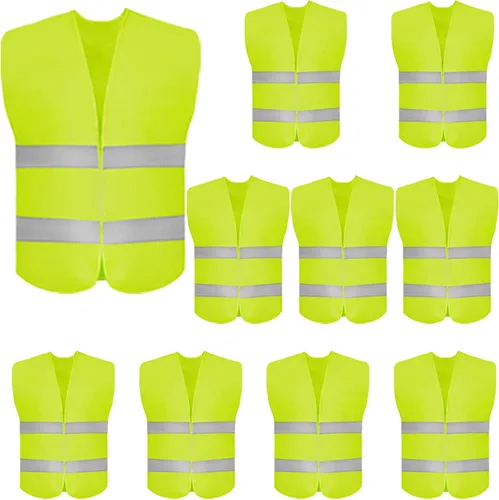 Vista 9 de DUSKCOVE Paquete de 10 chalecos de seguridad de alta visibilidad con 2 tiras reflectantes Hi Vis para hombres y mujeres, chalecos de construcción