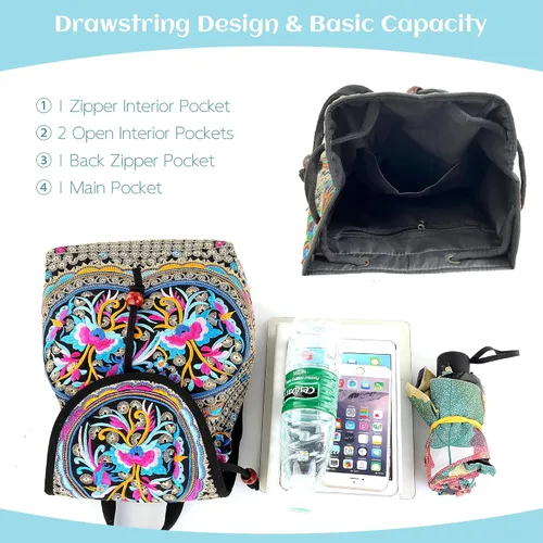 Vista 5 de MAZEXY Mochila bordada para mujer, bolso de hombro bohemio, bolso cruzado de flores étnicas vintage, Zafiro rojo, Causal