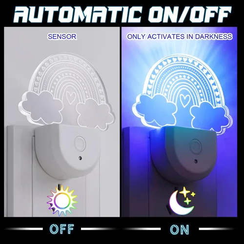 Vista 4 de Rossesay 2 luces nocturnas arcoíris para niños, enchufables a la pared, 8 colores cambiantes, luz nocturna arcoíris con sensor de atardecer a