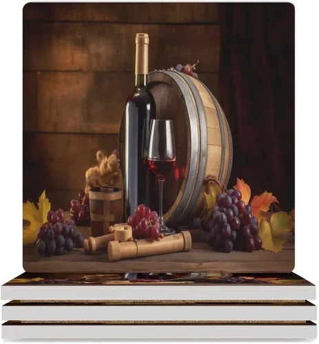 Vista 14 de 4 posavasos de vino tinto, cuadrados y modernos posavasos absorbentes de cerámica, estilo de pintura al óleo, vintage, vino tinto, uvas, rosa
