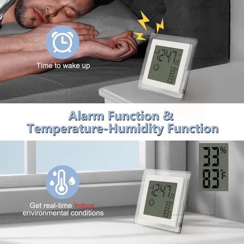 Vista 12 de Reloj pequeño digital, funciona con batería, despertador con retroiluminación automática, temperatura y humedad interior, 12/24H, fecha, reloj
