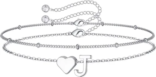 Vista 43 de M MOOHAM Pulseras de oro con inicial de corazón para mujer, pulseras con dije de letra A-Z de corazón dorado en capas para mujer, pulseras