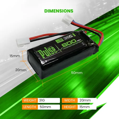 Vista 6 de Pulse 600mah 2S 7.4V 35C LiPo Batería Molex 51005 compatible con Furitek Fury FX118, HobbyPlus CR18P EVO, FMS FCX24 K5, FMS FCX24 Smasher V