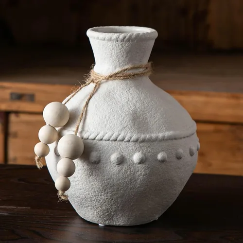 Vista 12 de Mowtanco Jarrón rústico con asa y borla, diseño de rayas verticales grises y amarillas, jarrón de arcilla de 10 pulgadas de alto, florero de Gris