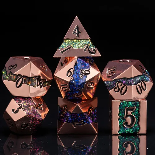 Vista 12 de Dados poliédricos DND de metal, juego de dados metálicos con purpurina a rayas grandes, juego de 7 dados plateados antiguos para juegos de rol