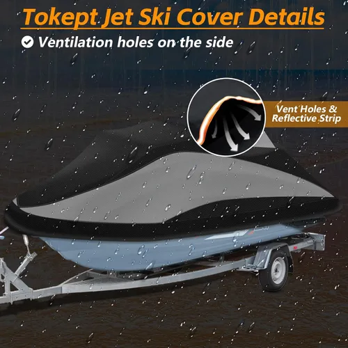 Vista 4 de Funda para Jet Ski Remolcable, Cubierta PWC 300D Resistente al Agua de Servicio Pesado con Rejillas de Ventilación con Tira Reflectante, Se Adapta a