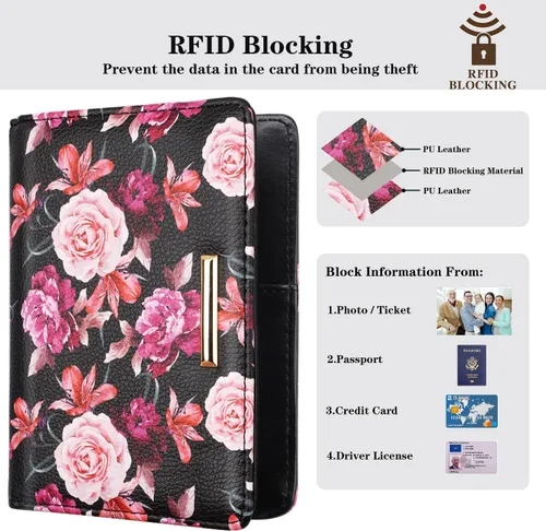 Vista 4 de Funda para pasaporte, cartera de viaje para tarjetas de crédito, bloqueo RFID, carteras para pasaporte para mujeres y hombres con ranura para fotos