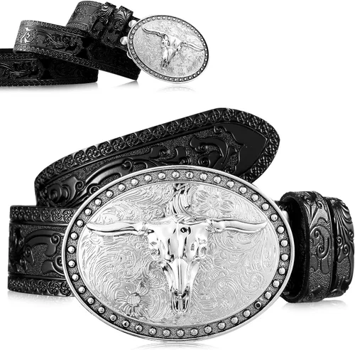 Vista 8 de Xuniea Cinturón de vaquero para hombre, cinturón de hebilla de toro de cuerno largo, cinturón de hebilla de cuero occidental, cinturón de hebilla