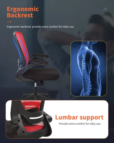 Vista 5 de Silla ergonómica de malla para oficina, con respaldo lumbar, giratoria, con ruedas, ejecutiva, con brazos y respaldo medio ajustable, para Rojo