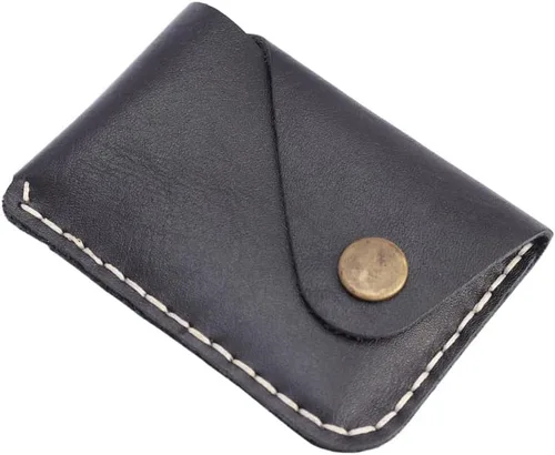 Vista 5 de Cartera de cuero genuino minimalista hecha a mano con tarjetero pequeño en bolsillo frontal Negro