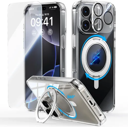 Vista 3 de JUESHITUO Funda 3 en 1 para iPhone 15, soporte de anillo magnético giratorio de 360° con [sonido de amortiguación giratorio]