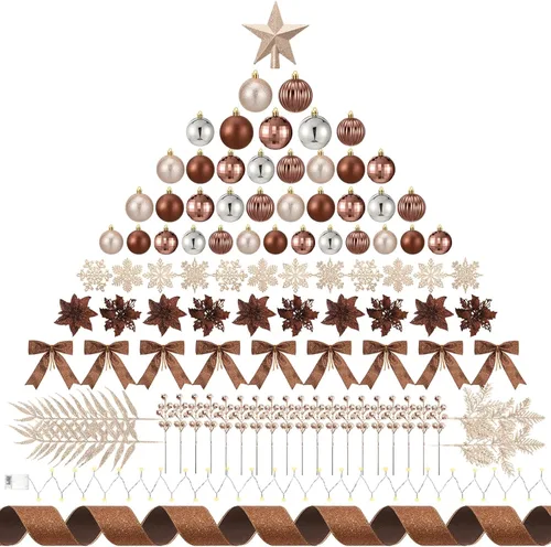 Vista 14 de Poen Juego de 108 adornos para árbol de Navidad, incluye bolas para árbol navideño, flor de pascua con purpurina, lazos, bayas, tallos, hojas, copos
