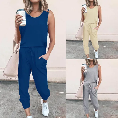 Vista 3 de Conjunto de 2 piezas de ropa de verano para mujer, ajuste holgado, cómodo, camiseta de manga corta con pantalones largos con cordón