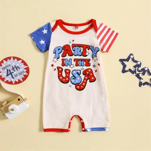 Vista 6 de GLIGLITTR Mameluco patriótico para bebés y niñas del 4 de julio con bandera estadounidense, mameluco para fiesta en los Estados Unidos