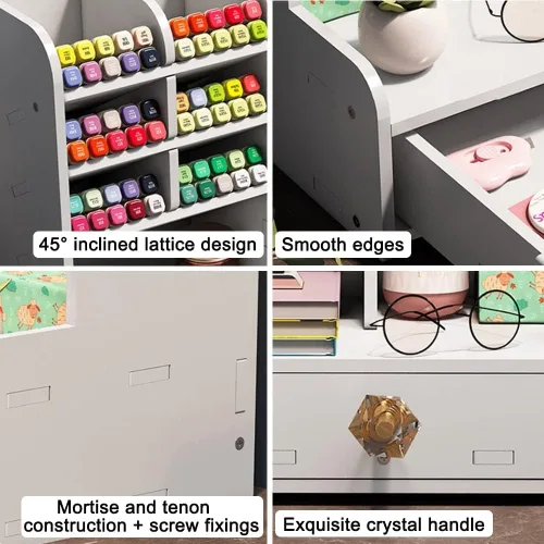 Vista 4 de Hggzeg Organizador de escritorio para bolígrafos, organizador de papelería con cajones y 2 soportes para archivos, almacenamiento de suministros