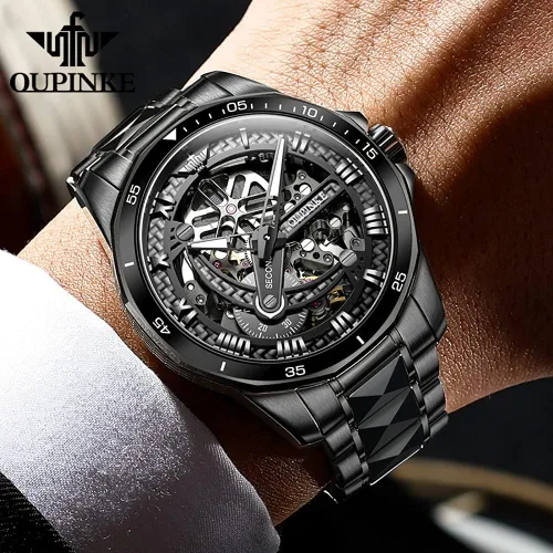 Vista 2 de OLEVS Relojes automáticos para hombre, esqueleto mecánico de lujo, color negro, plateado, impermeable, luminoso, cristal de zafiro