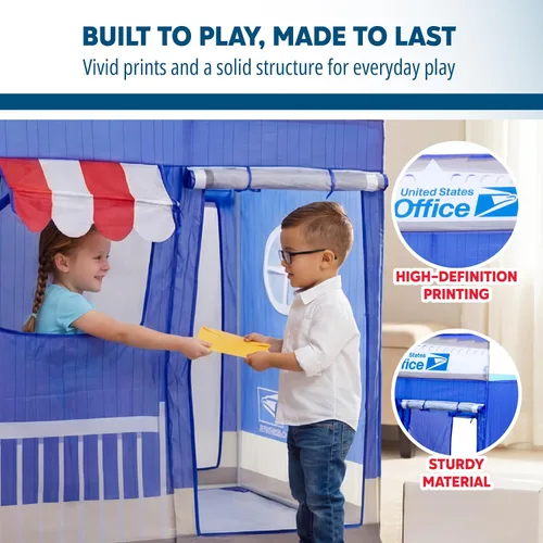 Vista 4 de Kid Trax USPS - Tienda de campaña desplegable Cape Cod Pretend de oficina de correos, juguetes para niños, carpas interiores para niños, juguetes