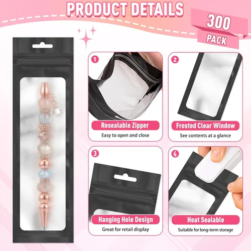 Vista 4 de ANZNKU 300 bolsas para bolígrafos, bolsas de Mylar resellables multicolor de 2.7 x 9 pulgadas, bolsas de embalaje con ventana transparente