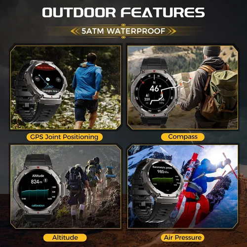 Vista 4 de Reloj inteligente militar para hombre, reloj inteligente con GPS integrado, 5 ATM, impermeable, 1.43 pulgadas, AMOLED, resistente, rastreador